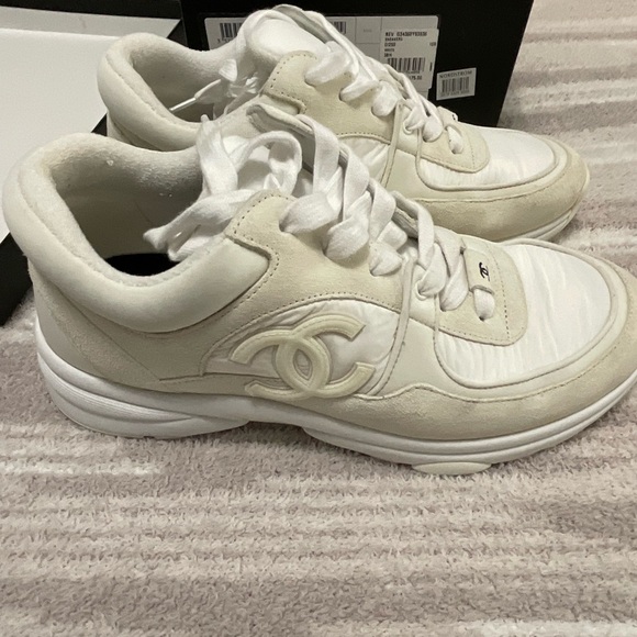 CHANEL Shoes - Chanel CC Off White Fabric Sneaker 38.5